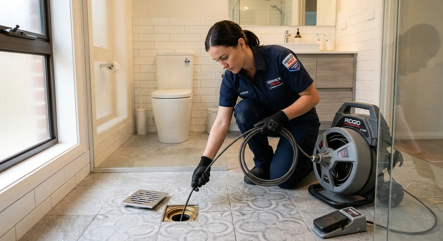 Technician clearing a bathroom floor drain for Sewer Line Installation in Quincy
